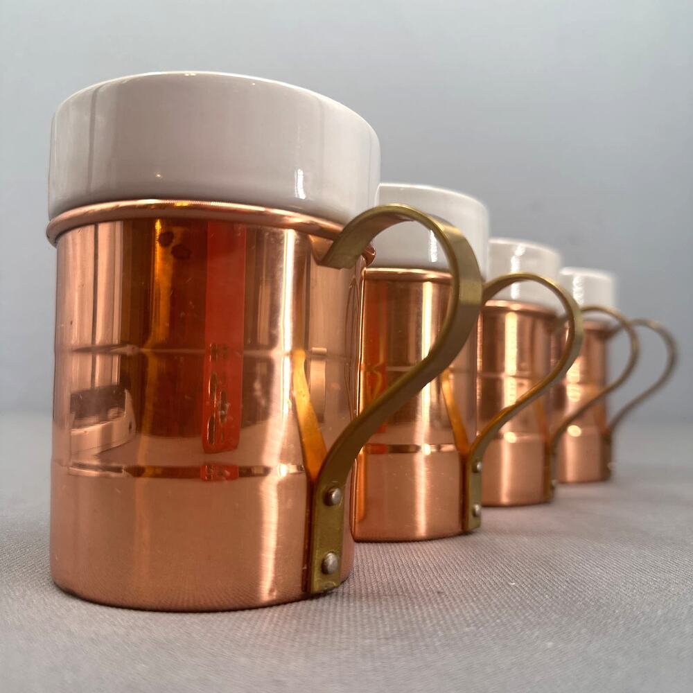VTG 60s MCM Copper Ceramic Coffee Tea Mugs Set 4 Rustic Cabin Farmhouse MOD Bar